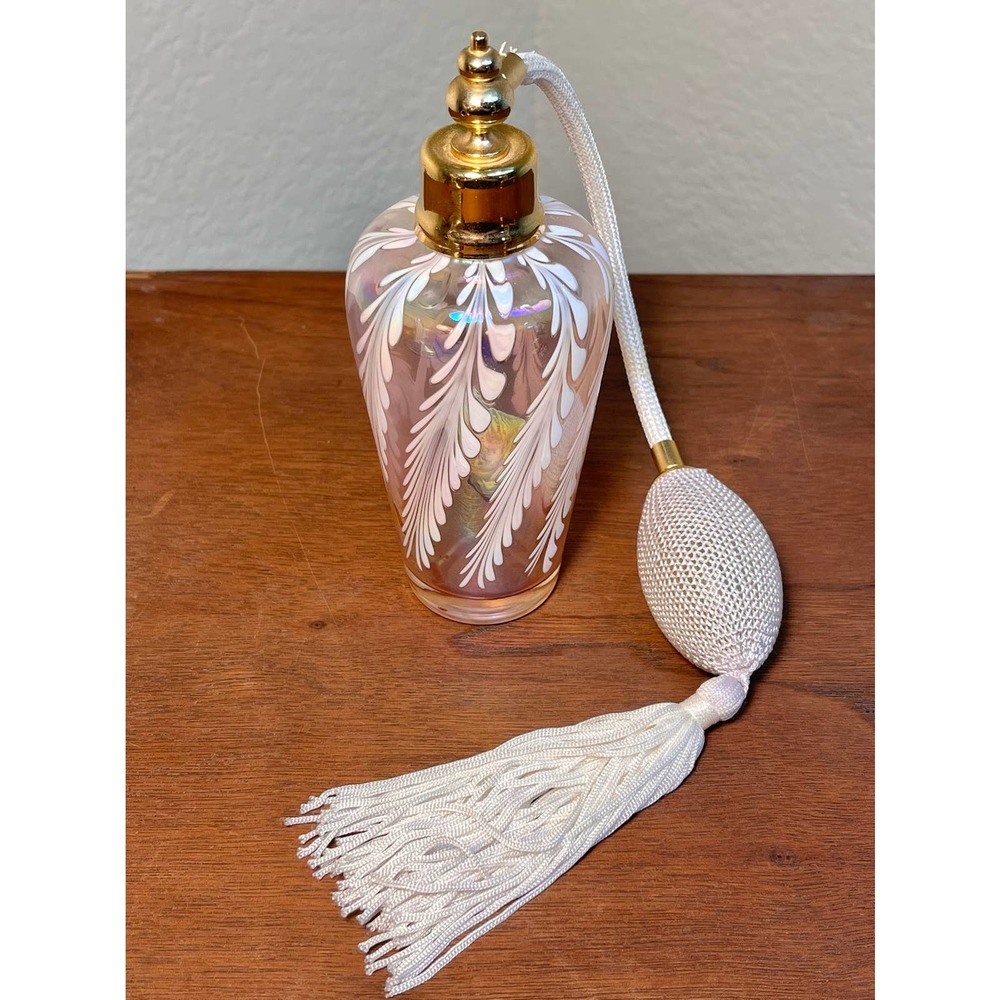 Vintage Art Glass Pink and White Opalescent Pulled Feather Perfume Atomizer 6"